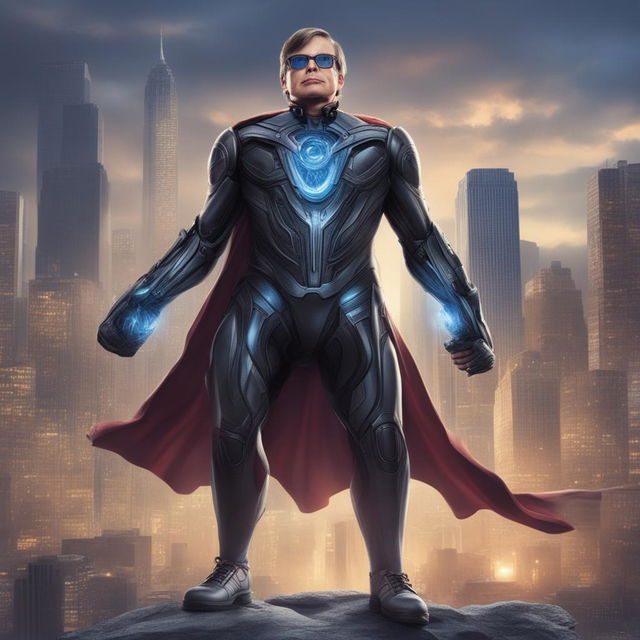 This digital art piece reimagines Stephen Hawking as a muscular superhero standing upright with the help of a high-tech exoskeleton