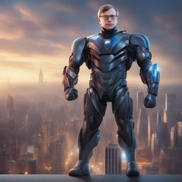 This digital art piece reimagines Stephen Hawking as a muscular superhero standing upright with the help of a high-tech exoskeleton