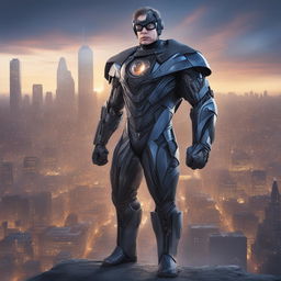 This digital art piece reimagines Stephen Hawking as a muscular superhero standing upright with the help of a high-tech exoskeleton