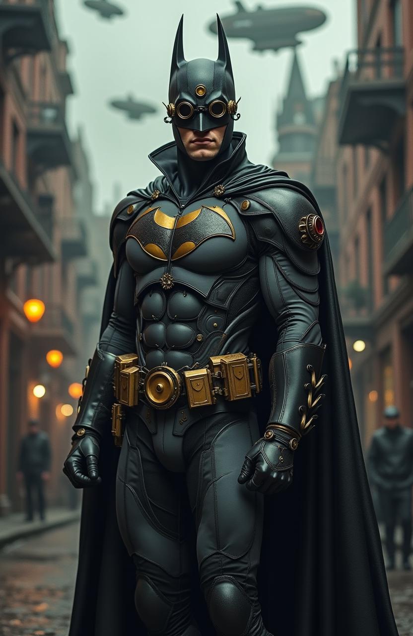 A steampunk version of Batman, dressed in a Victorian-era style outfit with intricate mechanical elements, including brass goggles, a flowing cape made of multiple layers, and an ornate, gear-themed cowl