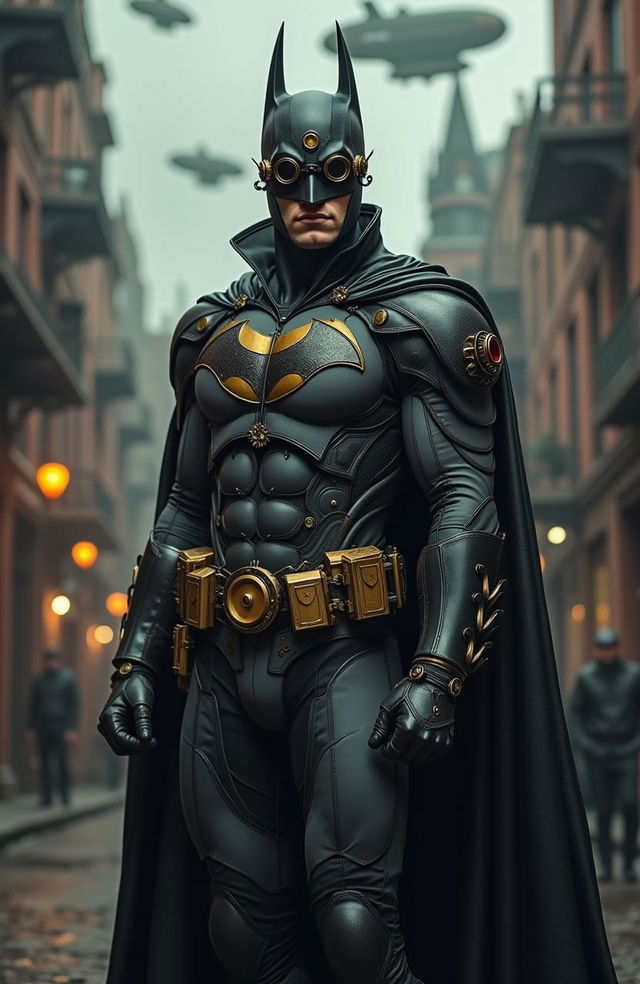 A steampunk version of Batman, dressed in a Victorian-era style outfit with intricate mechanical elements, including brass goggles, a flowing cape made of multiple layers, and an ornate, gear-themed cowl