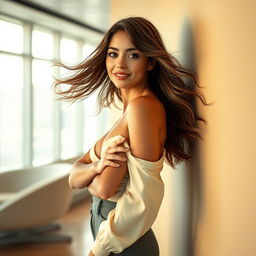 A hyper-realistic portrayal of a young woman standing against a wall, showcasing an artistic representation of a playful moment