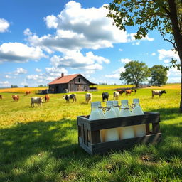 A picturesque countryside scene featuring a rustic barn and a serene pasture filled with healthy cows grazing peacefully