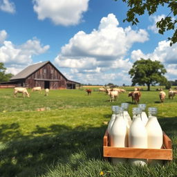 A picturesque countryside scene featuring a rustic barn and a serene pasture filled with healthy cows grazing peacefully