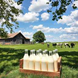 A picturesque countryside scene featuring a rustic barn and a serene pasture filled with healthy cows grazing peacefully