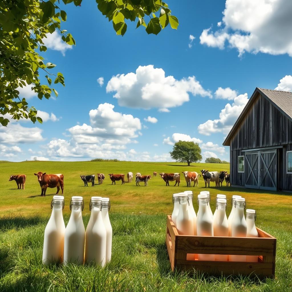 A picturesque countryside scene featuring a rustic barn and a serene pasture filled with healthy cows grazing peacefully