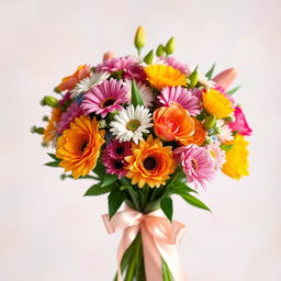 A beautifully arranged bouquet of vibrant flowers including roses, daisies, and tulips, artfully tied with a satin ribbon