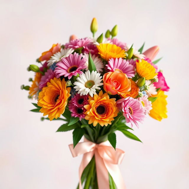 A beautifully arranged bouquet of vibrant flowers including roses, daisies, and tulips, artfully tied with a satin ribbon