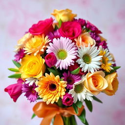A beautifully arranged bouquet of vibrant flowers including roses, daisies, and tulips, artfully tied with a satin ribbon