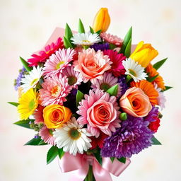 A beautifully arranged bouquet of vibrant flowers including roses, daisies, and tulips, artfully tied with a satin ribbon