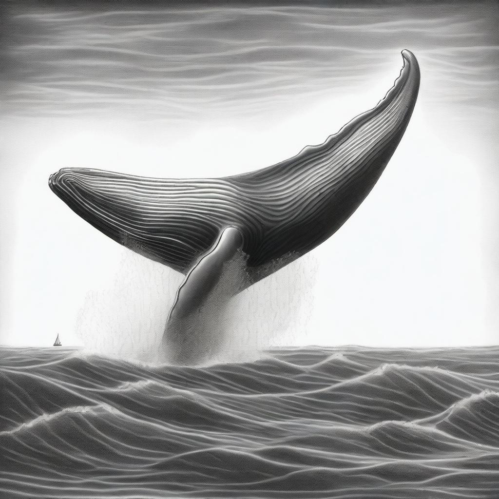 A monochrome graphite pencil sketch, meticulously detailed, showcasing an enormous whale gracefully swimming in the vast ocean