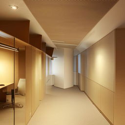 A compact, well-organized office interior with modern furniture, natural lighting, and minimalistic decor.