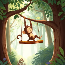 In a vibrant forest, a cute brown baby monkey is joyfully swinging on a swing made from a sturdy branch high in the trees