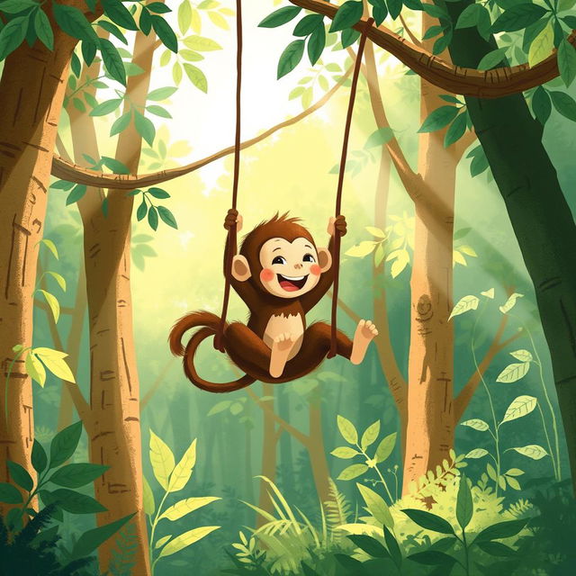 In a vibrant forest, a cute brown baby monkey is joyfully swinging on a swing made from a sturdy branch high in the trees