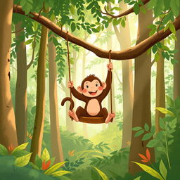 In a vibrant forest, a cute brown baby monkey is joyfully swinging on a swing made from a sturdy branch high in the trees