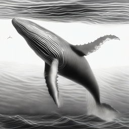 A monochrome graphite pencil sketch, meticulously detailed, showcasing an enormous whale gracefully swimming in the vast ocean