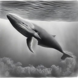 A second graphite pencil drawing, equally detailed, depicts a different perspective of a whale, this time showcasing its full length in an underwater setting