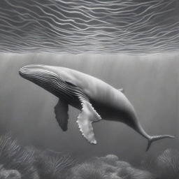 A second graphite pencil drawing, equally detailed, depicts a different perspective of a whale, this time showcasing its full length in an underwater setting