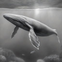 A second graphite pencil drawing, equally detailed, depicts a different perspective of a whale, this time showcasing its full length in an underwater setting