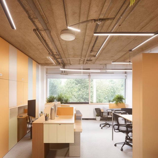 A compact, well-organized office interior with modern furniture, natural lighting, and minimalistic decor.