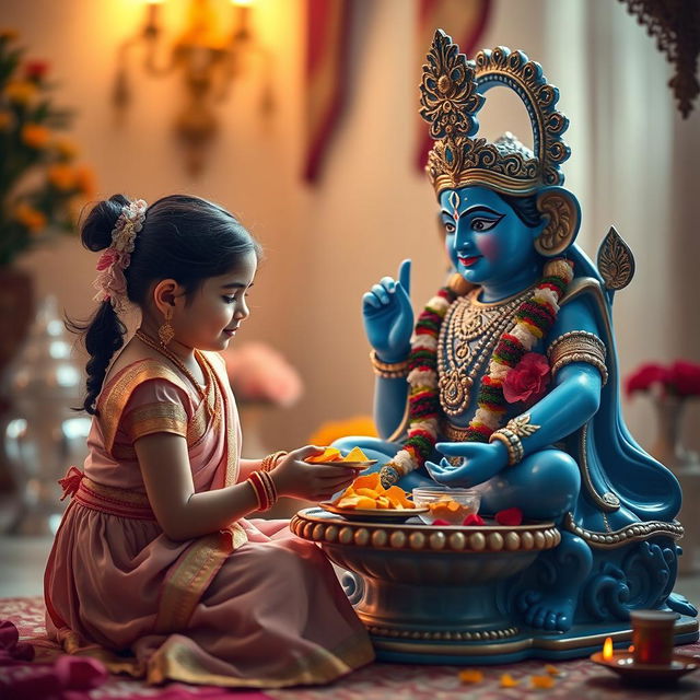 A scene demonstrating a little girl offering food with reverence to a beautifully adorned statue of Lord Krishna, who is depicted in vibrant blue hues