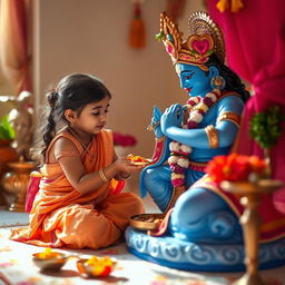 A scene demonstrating a little girl offering food with reverence to a beautifully adorned statue of Lord Krishna, who is depicted in vibrant blue hues