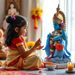 A scene demonstrating a little girl offering food with reverence to a beautifully adorned statue of Lord Krishna, who is depicted in vibrant blue hues