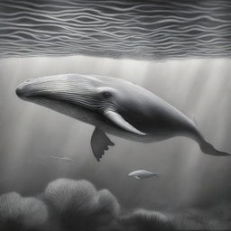 A second graphite pencil drawing, equally detailed, depicts a different perspective of a whale, this time showcasing its full length in an underwater setting