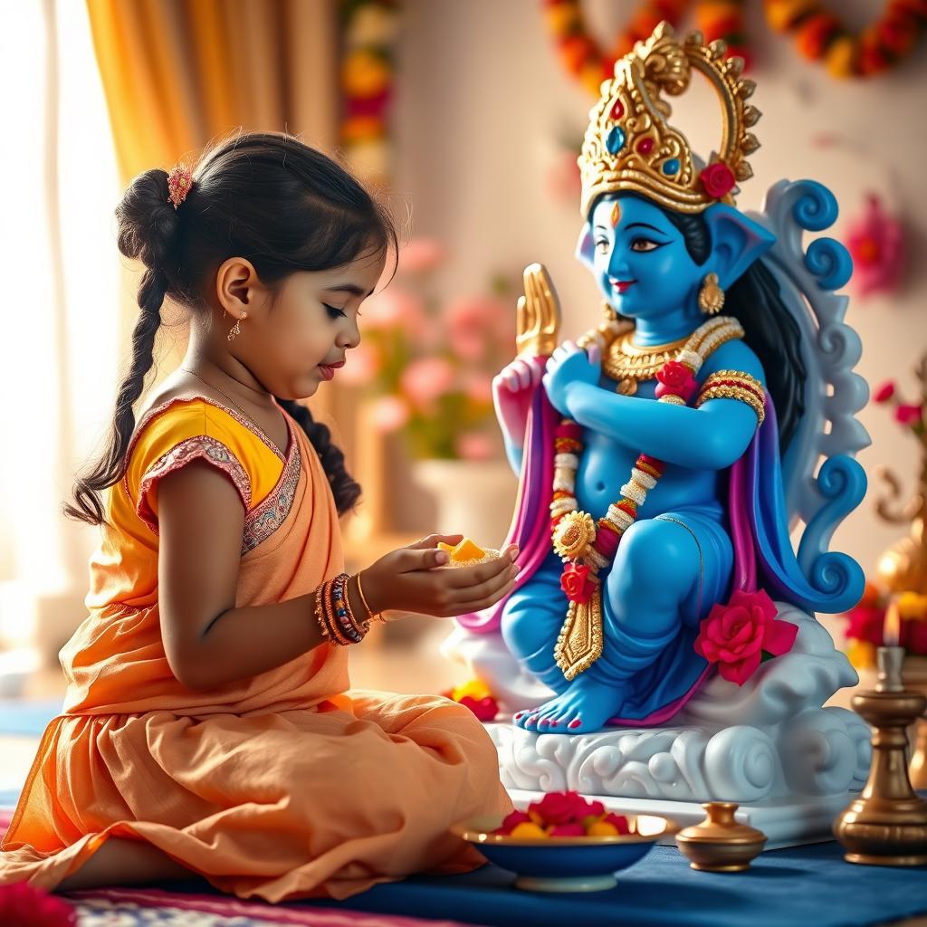 A scene demonstrating a little girl offering food with reverence to a beautifully adorned statue of Lord Krishna, who is depicted in vibrant blue hues