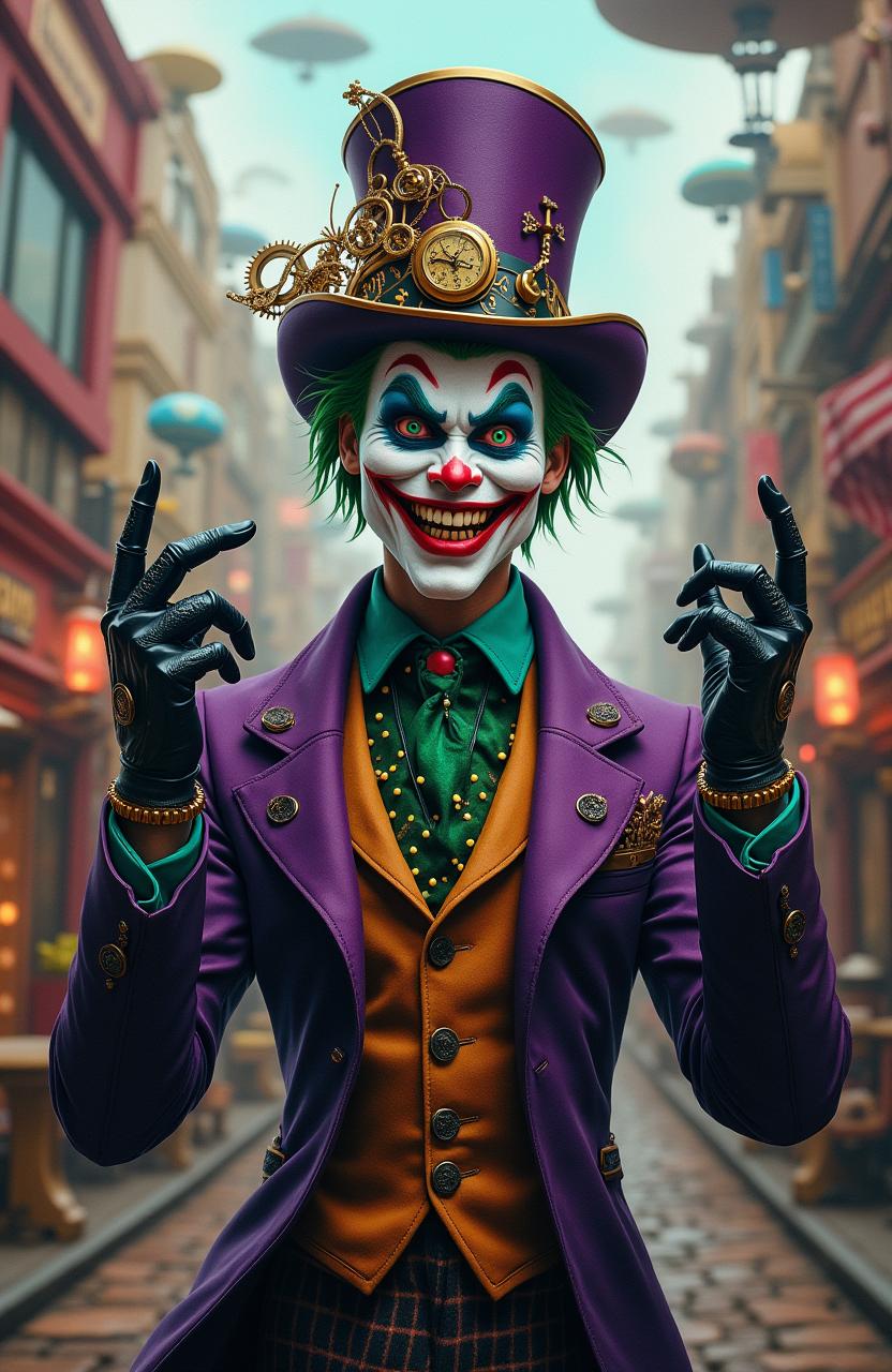 A steampunk version of the Joker, featuring a whimsical and chaotic outfit with a mix of Victorian and industrial design elements