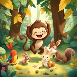 In a vibrant forest setting, a cute brown baby monkey is joyfully playing with other small animals, such as a colorful bird, a fluffy rabbit, and a curious squirrel
