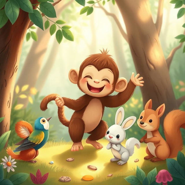 In a vibrant forest setting, a cute brown baby monkey is joyfully playing with other small animals, such as a colorful bird, a fluffy rabbit, and a curious squirrel