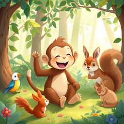 In a vibrant forest setting, a cute brown baby monkey is joyfully playing with other small animals, such as a colorful bird, a fluffy rabbit, and a curious squirrel