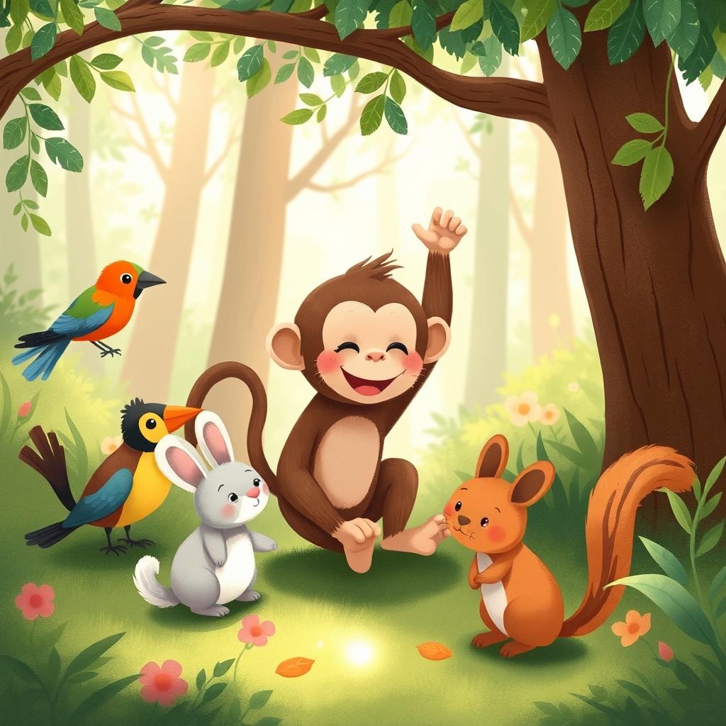 In a vibrant forest setting, a cute brown baby monkey is joyfully playing with other small animals, such as a colorful bird, a fluffy rabbit, and a curious squirrel