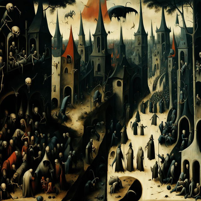 This digital art landscape painting contrasts a lively medieval town on the left with a desolate, haunted graveyard on the right, inspired by the style of Hieronymus Bosch