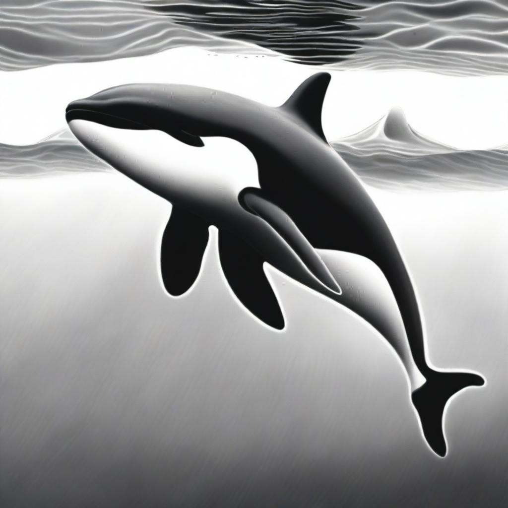 An exquisite graphite pencil sketch, presenting a different perspective of a killer whale in the ocean depths