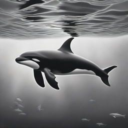 An exquisite graphite pencil sketch, presenting a different perspective of a killer whale in the ocean depths