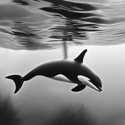 An exquisite graphite pencil sketch, presenting a different perspective of a killer whale in the ocean depths