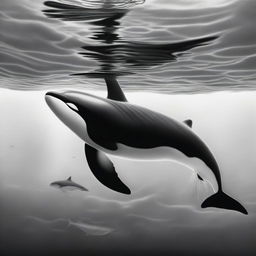 An exquisite graphite pencil sketch, presenting a different perspective of a killer whale in the ocean depths