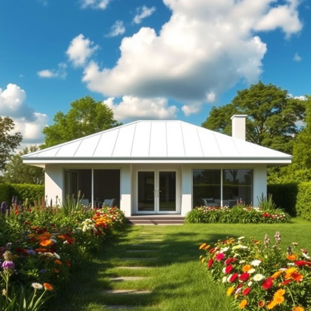 A modern minimalist house with a white roof, surrounded by a lush green garden filled with colorful flowers