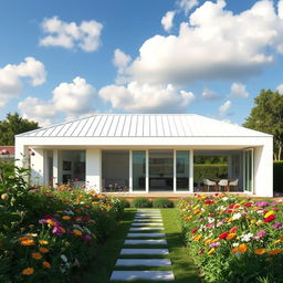 A modern minimalist house with a white roof, surrounded by a lush green garden filled with colorful flowers