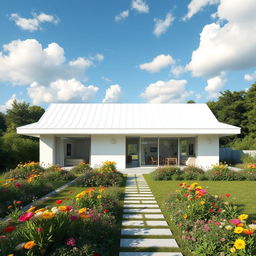A modern minimalist house with a white roof, surrounded by a lush green garden filled with colorful flowers