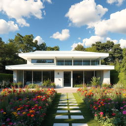 A modern minimalist house with a white roof, surrounded by a lush green garden filled with colorful flowers