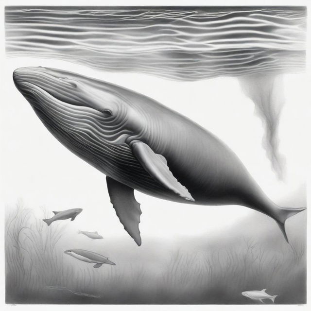 A third graphite pencil sketch, beautifully detailed, portrays a different species of whale, showcasing its unique features and form