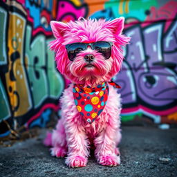 A cool and stylish pink dog with a vibrant, graffiti-style urban background
