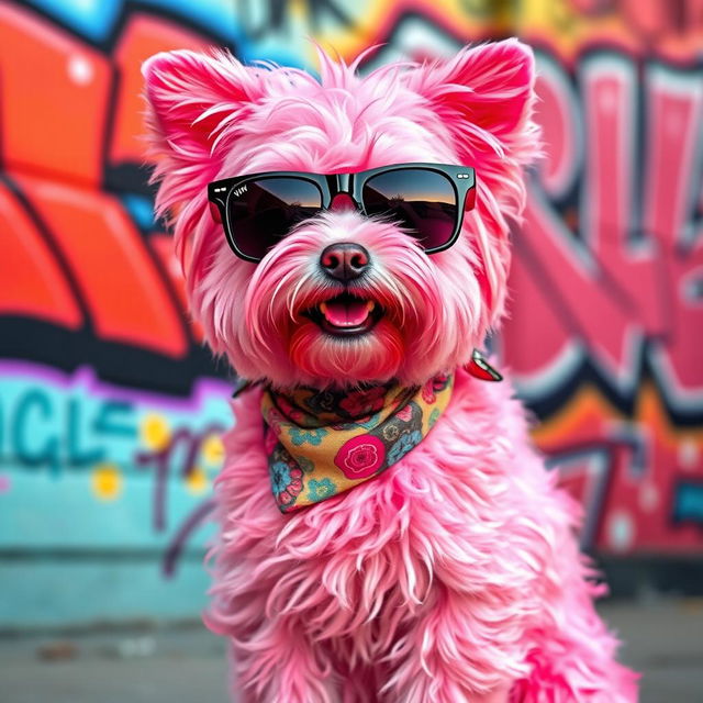 A cool and stylish pink dog with a vibrant, graffiti-style urban background