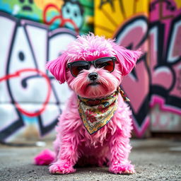 A cool and stylish pink dog with a vibrant, graffiti-style urban background