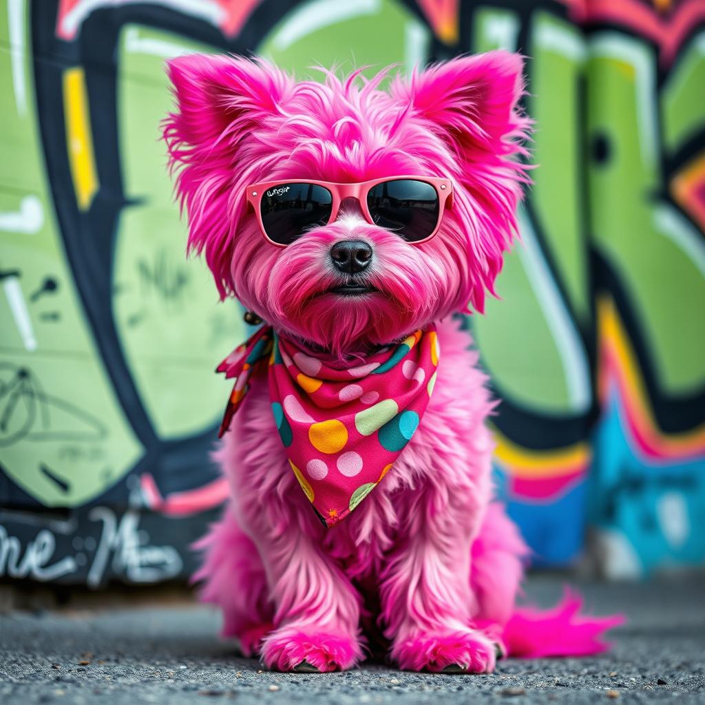 A cool and stylish pink dog with a vibrant, graffiti-style urban background