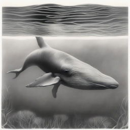 A third graphite pencil sketch, beautifully detailed, portrays a different species of whale, showcasing its unique features and form