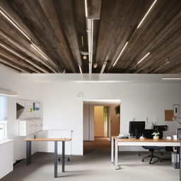 A compact, well-organized office interior with modern furniture, natural lighting, and minimalistic decor.